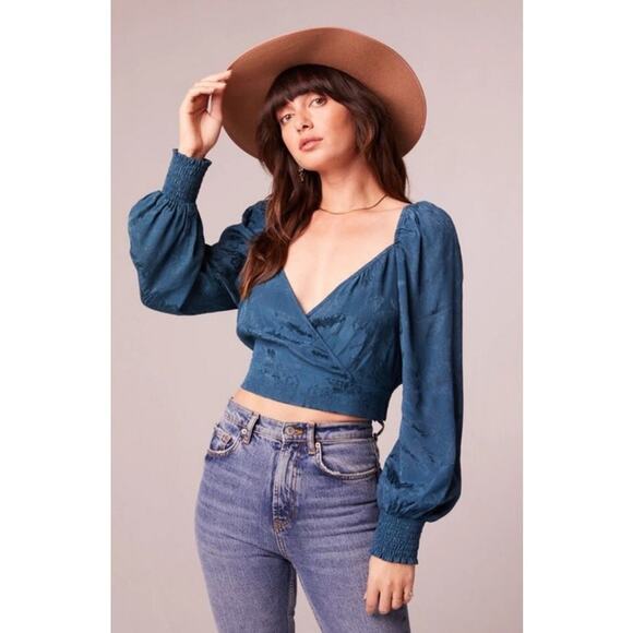 Band of the Free Camille Floral Satin Tie Back Crop Top in Teal - M - Picture 1 of 6